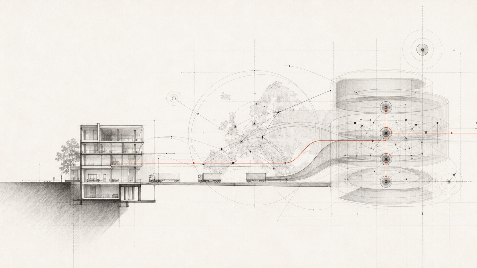 Original architectural illustration connecting a building, a logistics network and a governed decision layer.